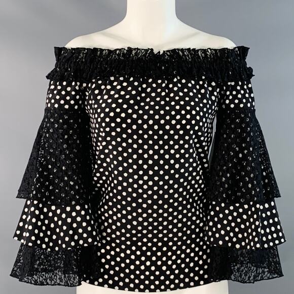 MICHAEL KORS XS Black White Silk Polka Dot Layered Sleeves Off-Shoulder Blouse - Picture 1 of 4